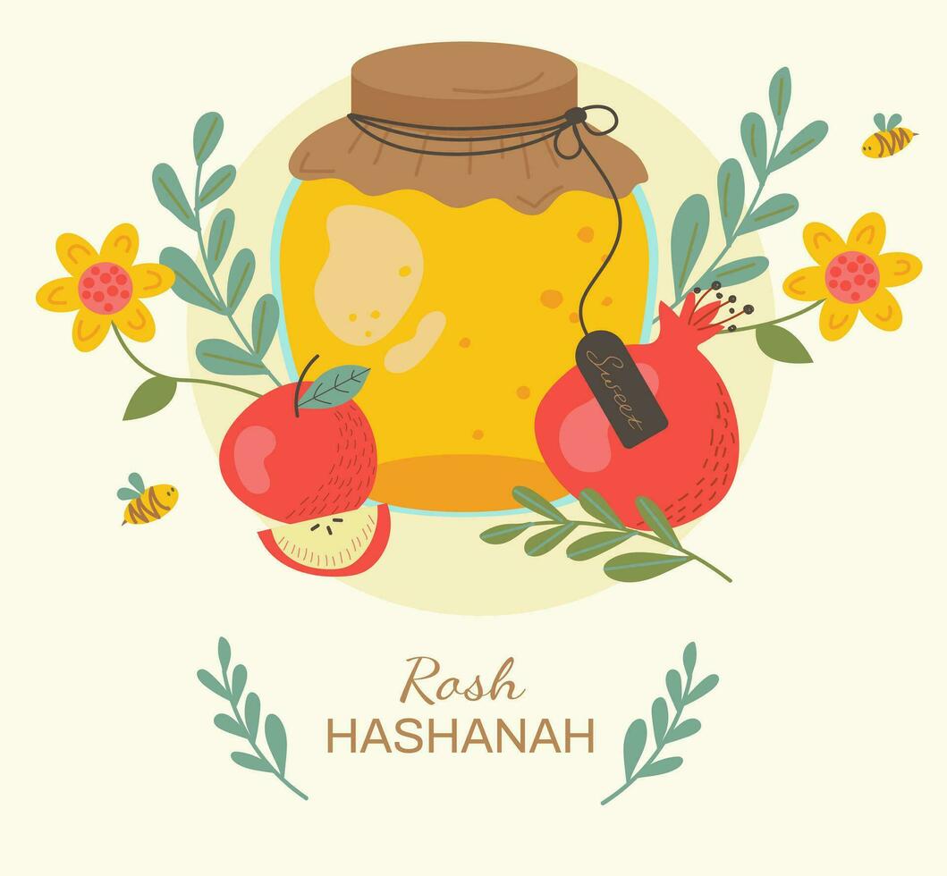 rosh hashanah salutation carte - juif Nouveau an. mon chéri et pomme, Grenade. Souccot juif vacances. plat illustration vecteur