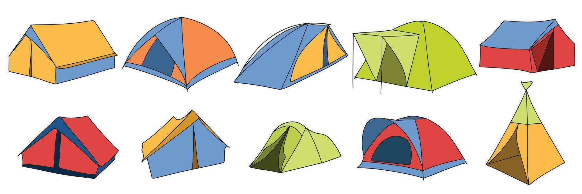 collection de tentes coloré contour. main tiré tente dans griffonnage style. ensemble de contour tente camp isolé sur blanc Contexte. vecteur illustration.