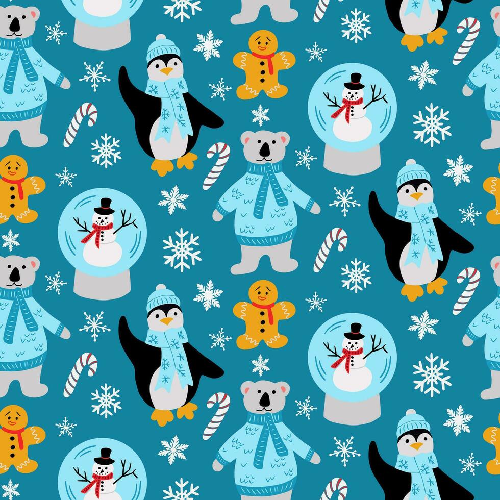 puéril Noël sans couture modèle avec polaire ours, manchot, bonhomme de neige et pain d'épice homme. marrant coloré personnages dans plat dessin animé style sur bleu Contexte. idéal conception pour textile, emballage vecteur