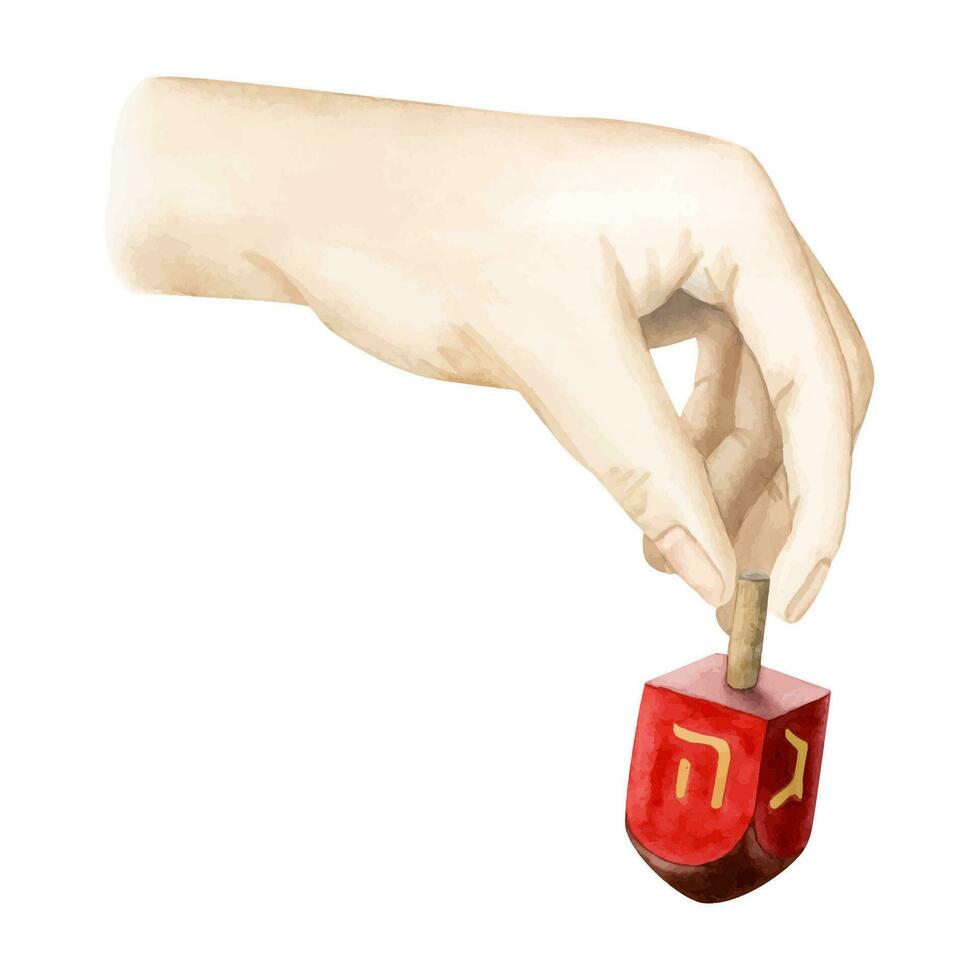 aquarelle main en portant et en jouant avec rouge en bois dreidel vecteur illustration. main tiré juif Sevivon jouet pour Hanoukka