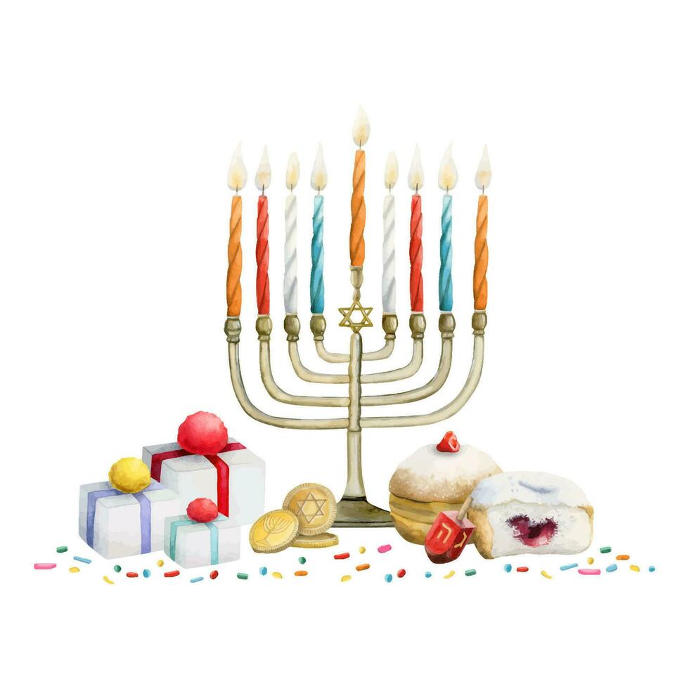 Hanoukka menorah avec bougies, cadeaux, beignets or pièces de monnaie salutation carte modèle avec Hanukkiah aquarelle vecteur illustration