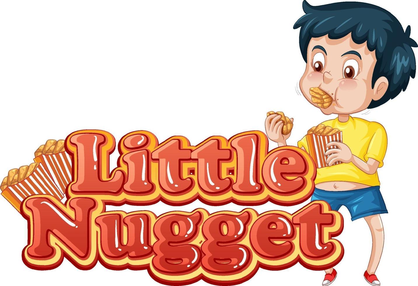 conception de texte de logo de petite pépite avec un garçon mangeant des pépites de poulet vecteur