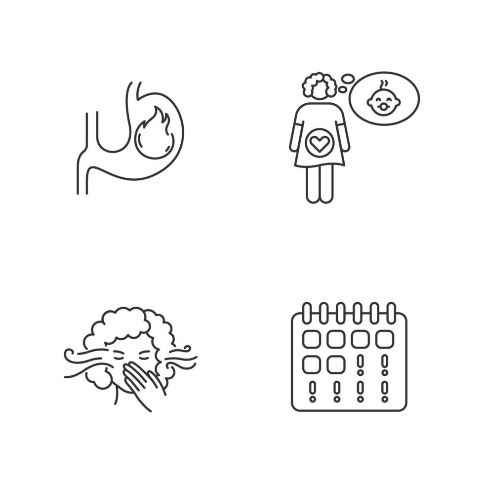 Ensemble d'icônes linéaires parfaites de pixel de symptôme de grossesse précoce vecteur