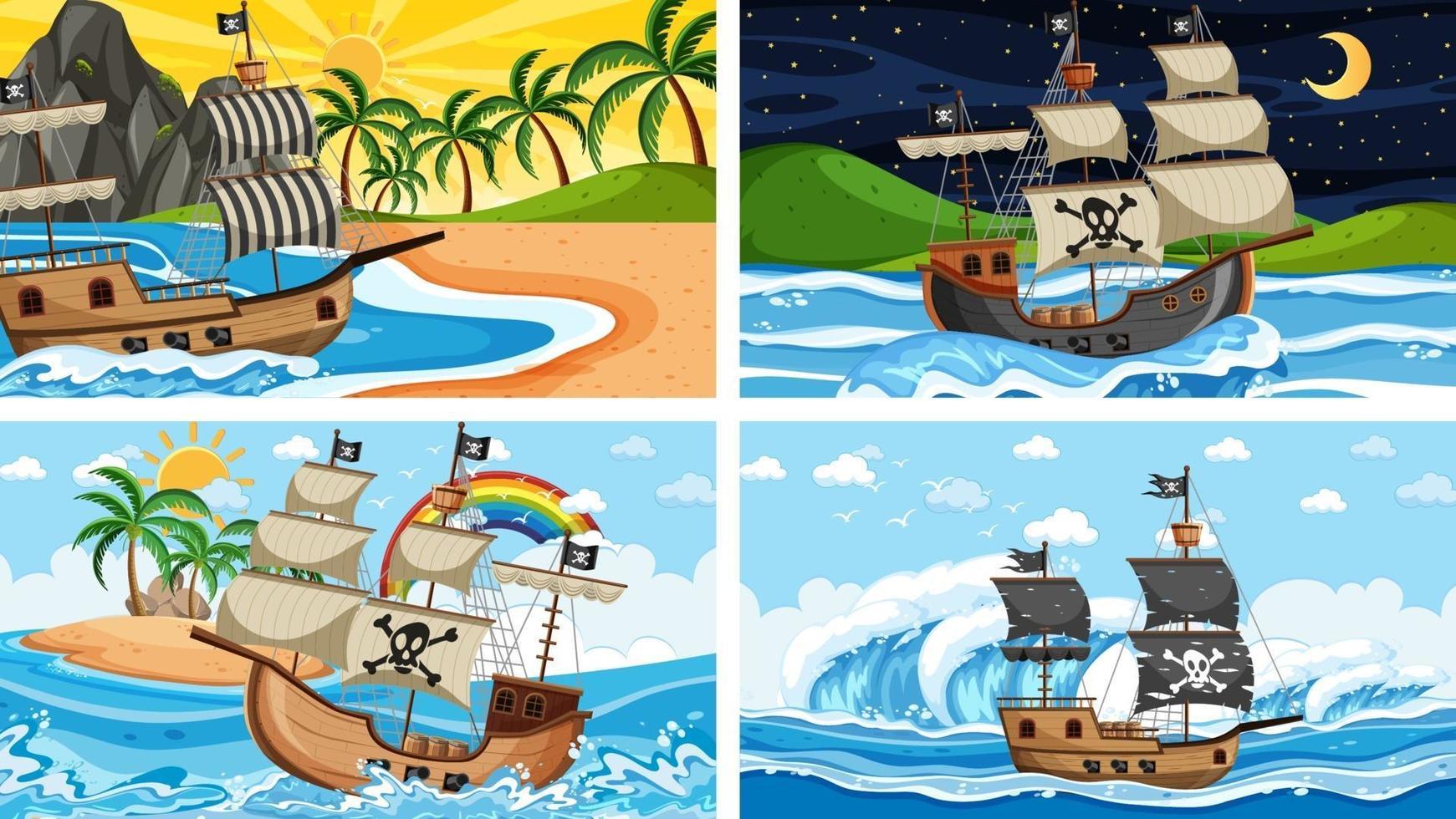 scènes de l'océan avec bateau pirate en style cartoon vecteur