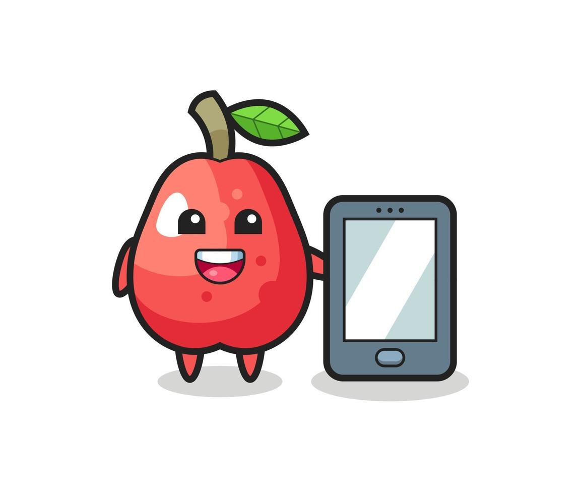 caricature d'illustration de pomme d'eau tenant un smartphone vecteur