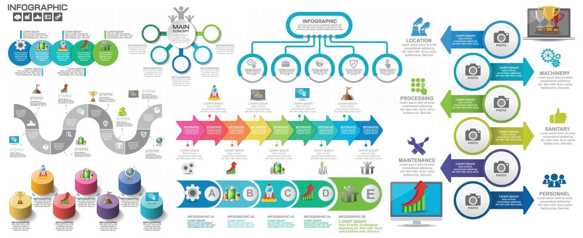 options de modèle de conception d'infographie de chronologie, diagramme de processus vecteur