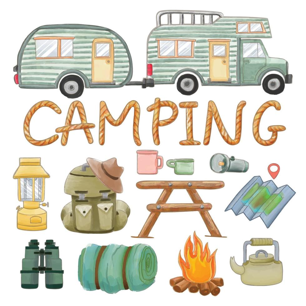 ensemble de fournitures de camping peintes à l'aquarelle clipart. dessiné à la main vecteur