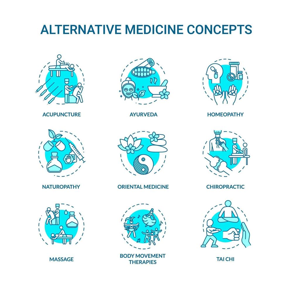 jeu d'icônes de concept de médecine alternative vecteur