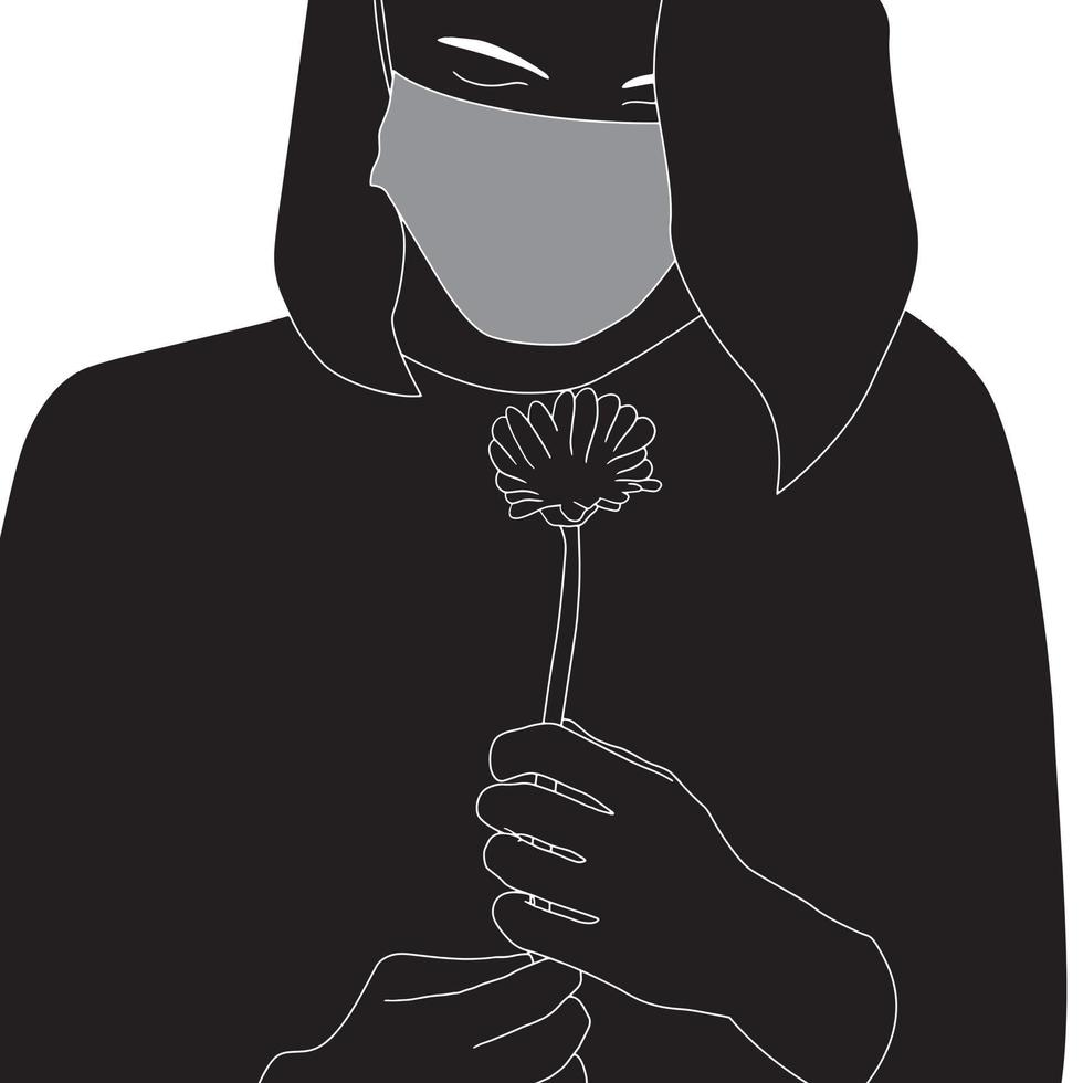 les femmes en masque odeur fleur dans la main silhouette sur fond blanc, vecteur