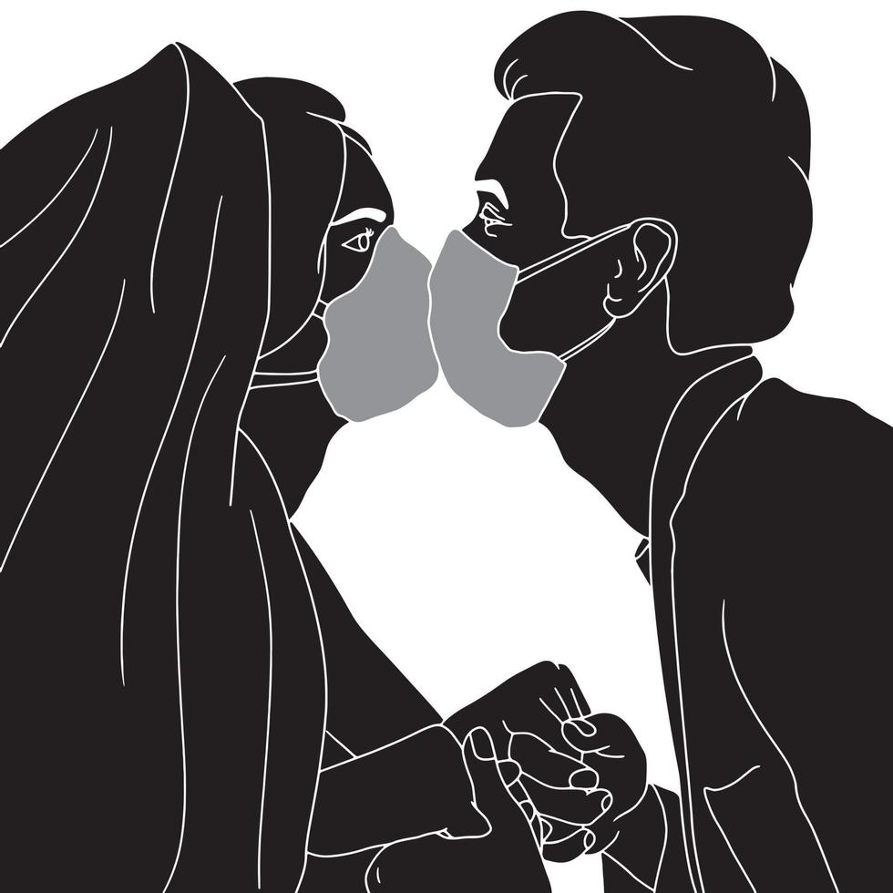 couple, baisers, dans, masque, silhouette, illustré, blanc, fond vecteur