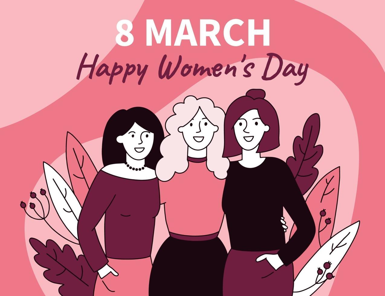 trois femmes se tiennent ensemble, journée de la femme le 8 mars vecteur