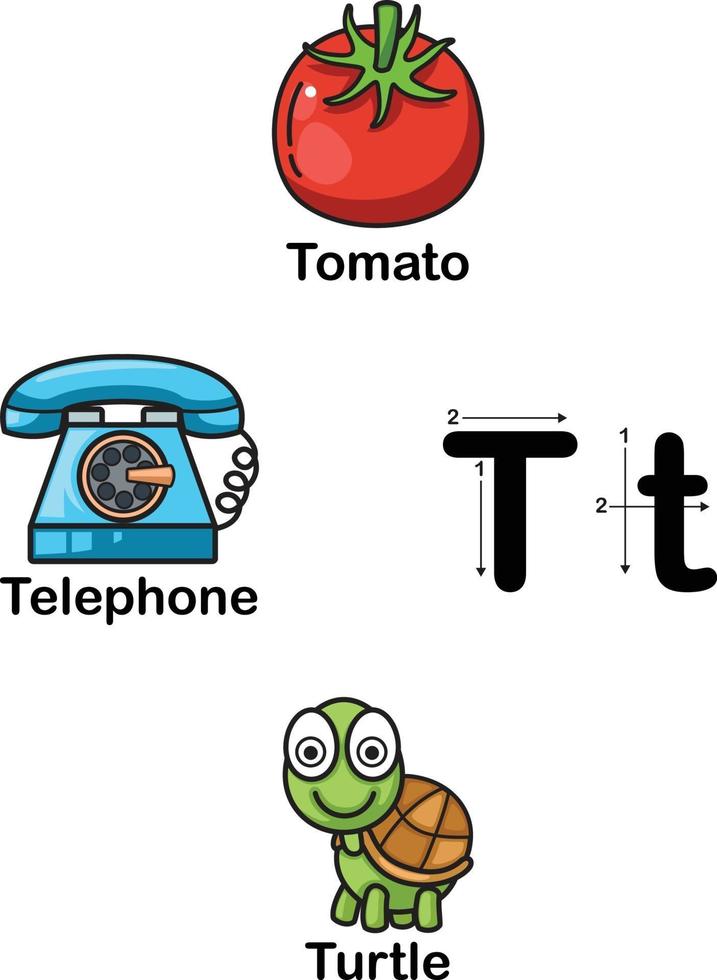 lettre de lalphabet t-tomate,téléphone,illustration de tortue vecteur