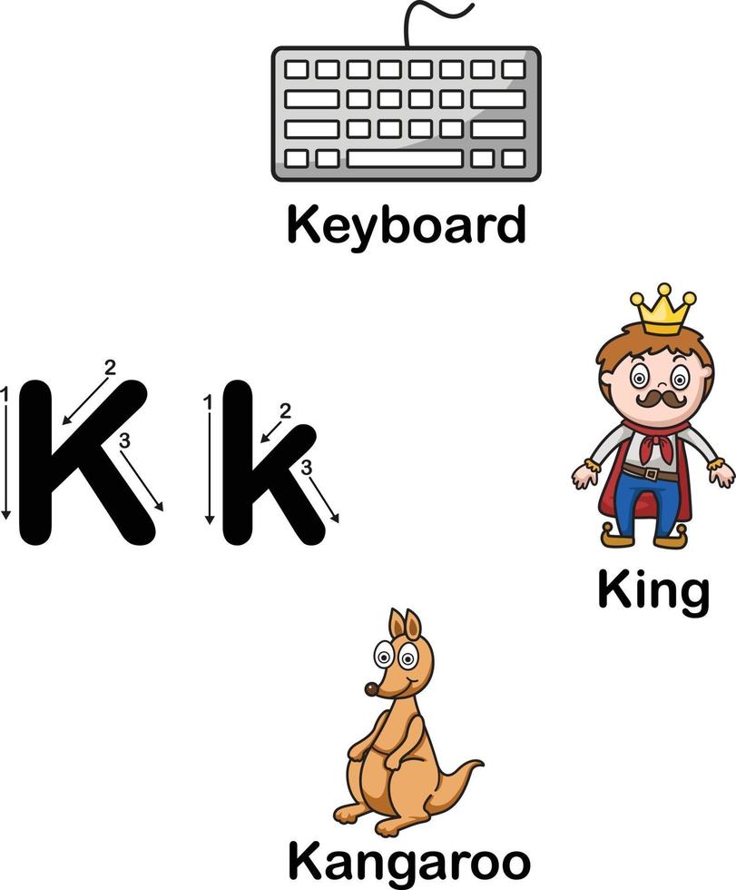 alphabet lettre k-clavier, roi, illustration de kangourou vecteur