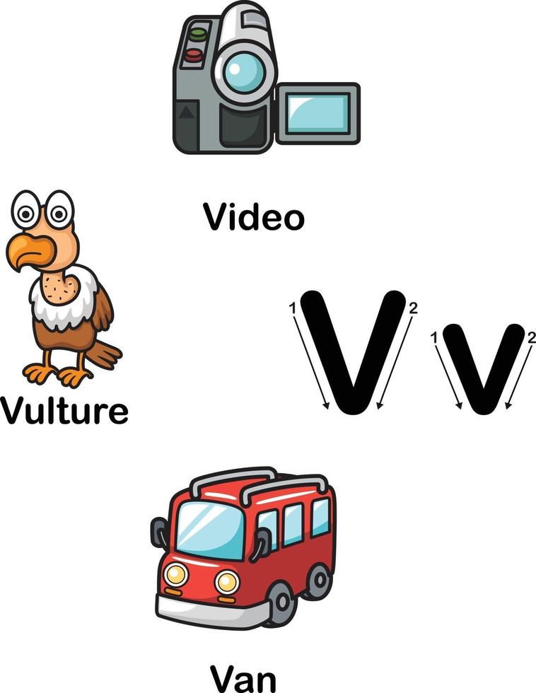 Lettre de l'alphabet v-vidéo, vautour, van vector illustration