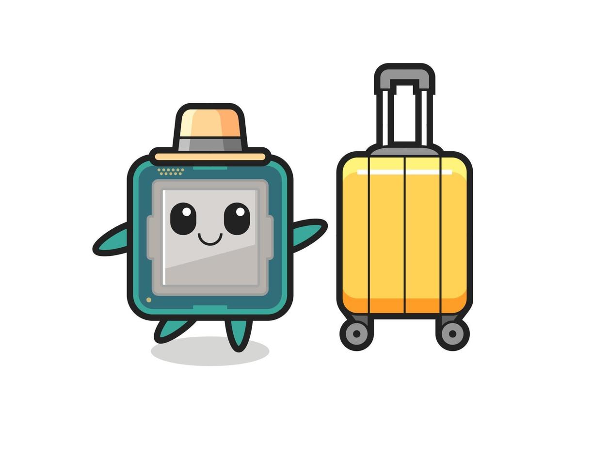 illustration de dessin animé de processeur avec des bagages en vacances vecteur