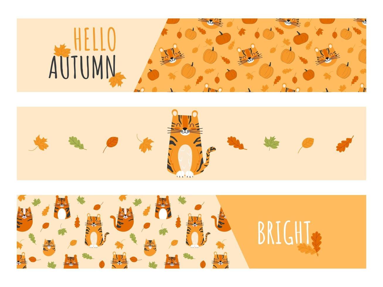 ensemble de rubans d'automne pour bébé avec un joli personnage de tigre et un feuillage d'automne. vecteur