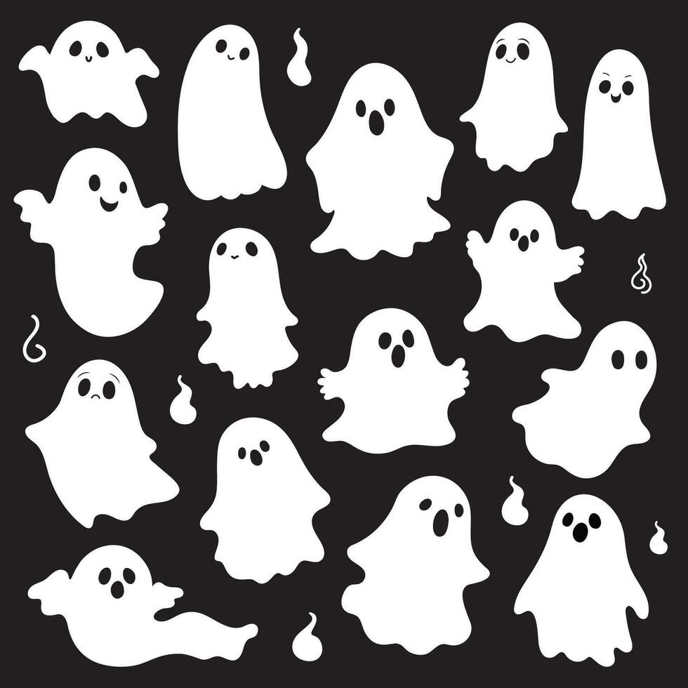 une ensemble de blanc des fantômes sur une noir Contexte. le des fantômes sont différent formes et tailles, et elles ou ils avoir différent expressions sur leur visages. vecteur