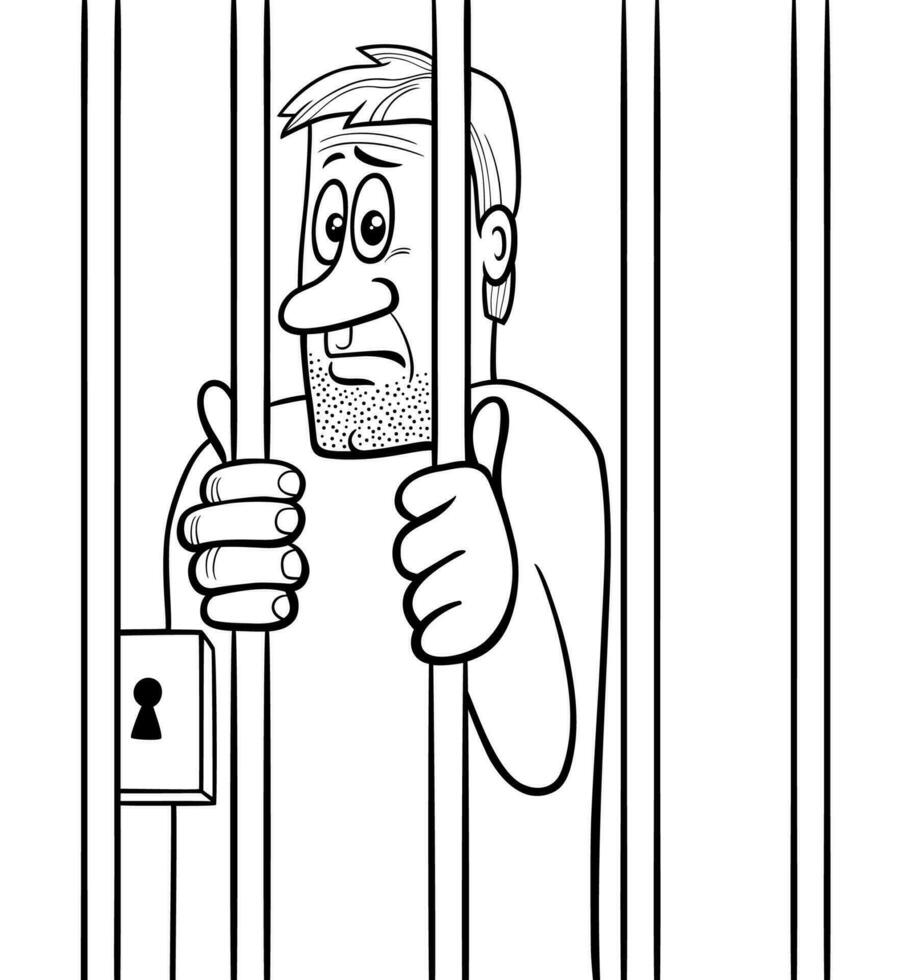 dessin animé emprisonné homme derrière le prison bars coloration page vecteur