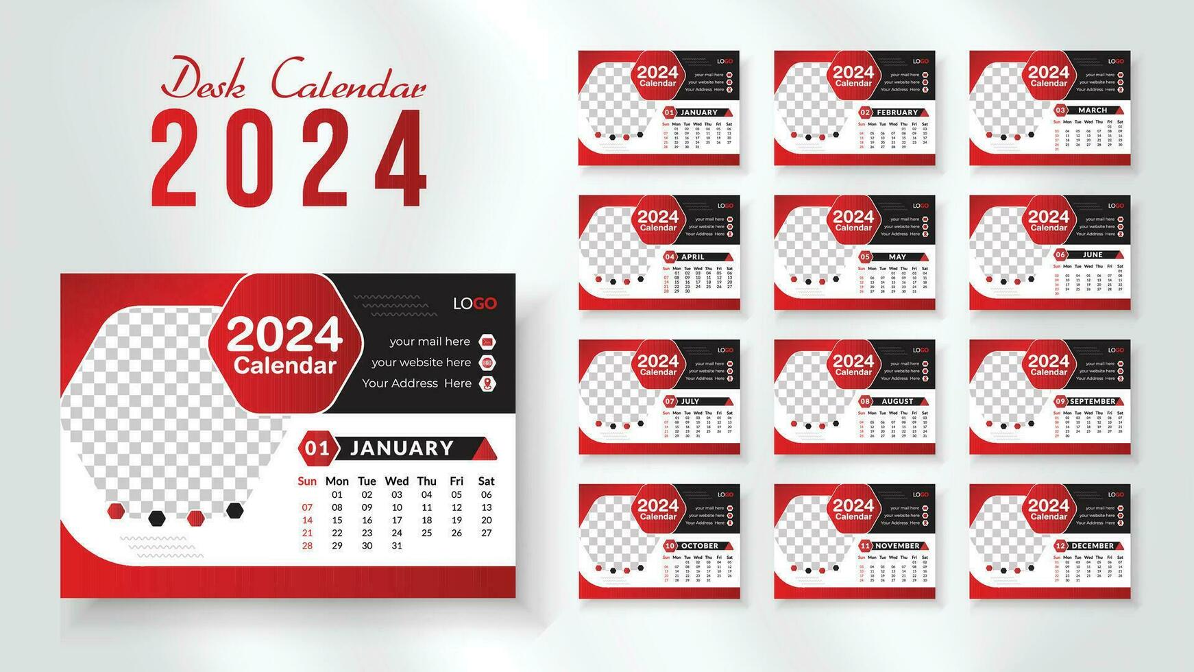 2024 Nouveau année bureau calendrier conception modèle, moderne et nipque disposition bureau calendrier ensemble de 12 mois. la semaine départs sur dimanche. vecteur