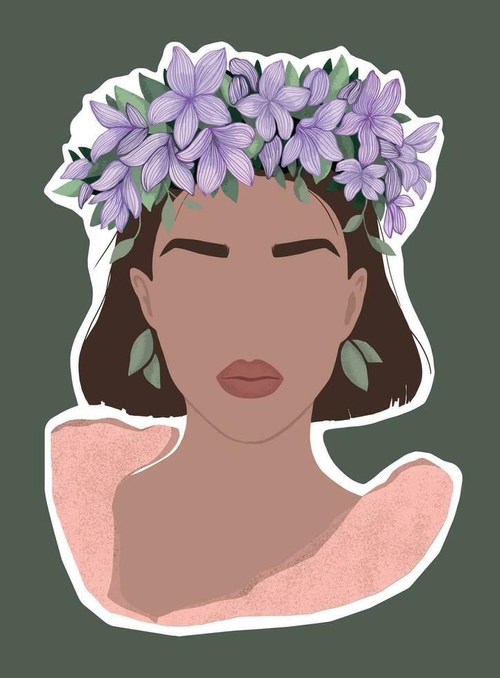 une peau foncée, aux cheveux noirs femme dans une couronne de fleurs. vecteur
