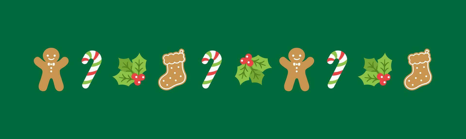 Noël à thème décoratif frontière et texte séparateur, pain d'épice biscuits et bonbons canne modèle. vecteur illustration.