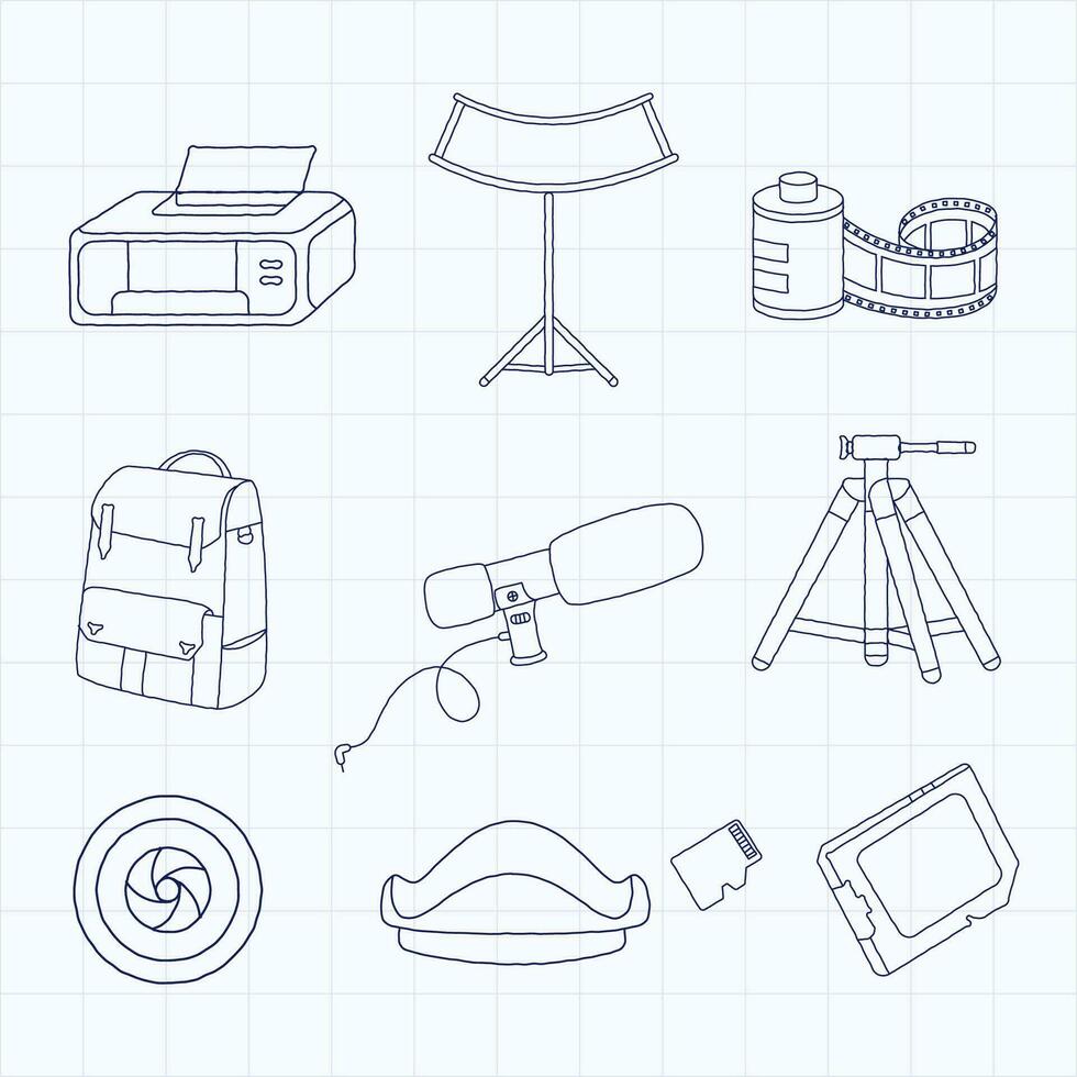 imprimante, microphone, trépied, sac, contour illustration vecteur