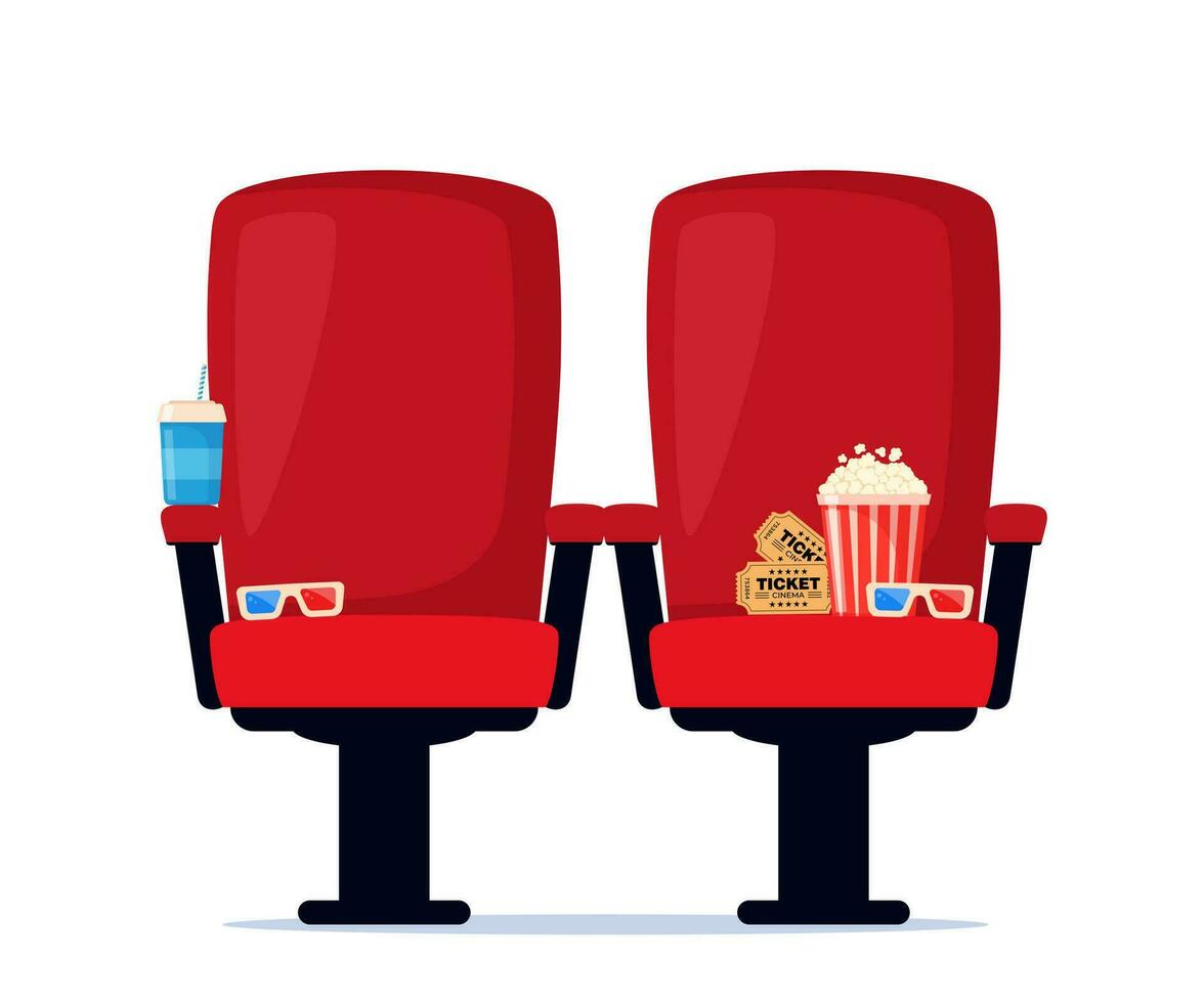 rouge cinéma fauteuil avec un soda, pop corn et 3d lunettes. cinéma affiche, bannière conception pour film théâtre. vecteur illustration.