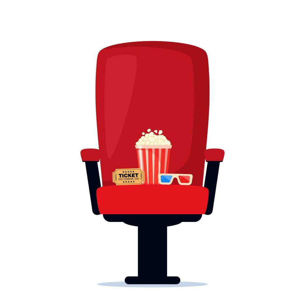 rouge cinéma fauteuil avec un soda, pop corn et 3d lunettes. cinéma affiche, bannière conception pour film théâtre. vecteur illustration.