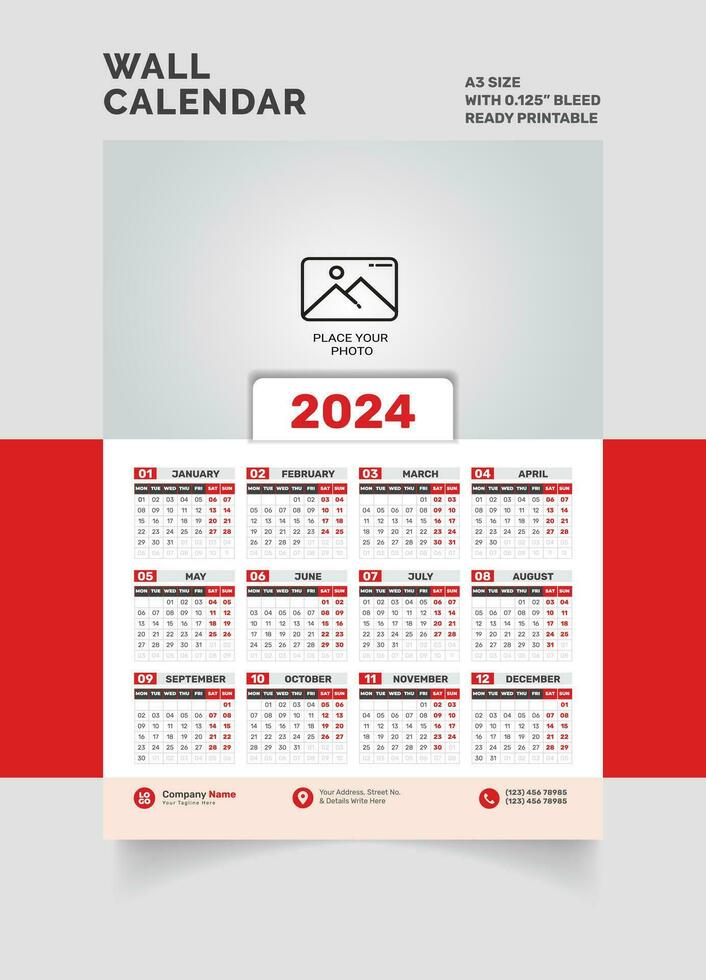 2024 mur calendrier Célibataire page calendrier un page calendrier vecteur