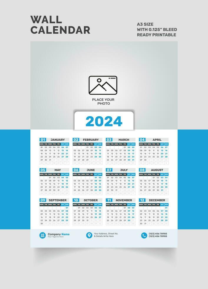 2024 mur calendrier Célibataire page calendrier un page calendrier vecteur