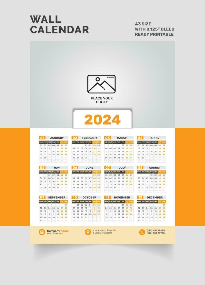 2024 mur calendrier Célibataire page calendrier un page calendrier vecteur