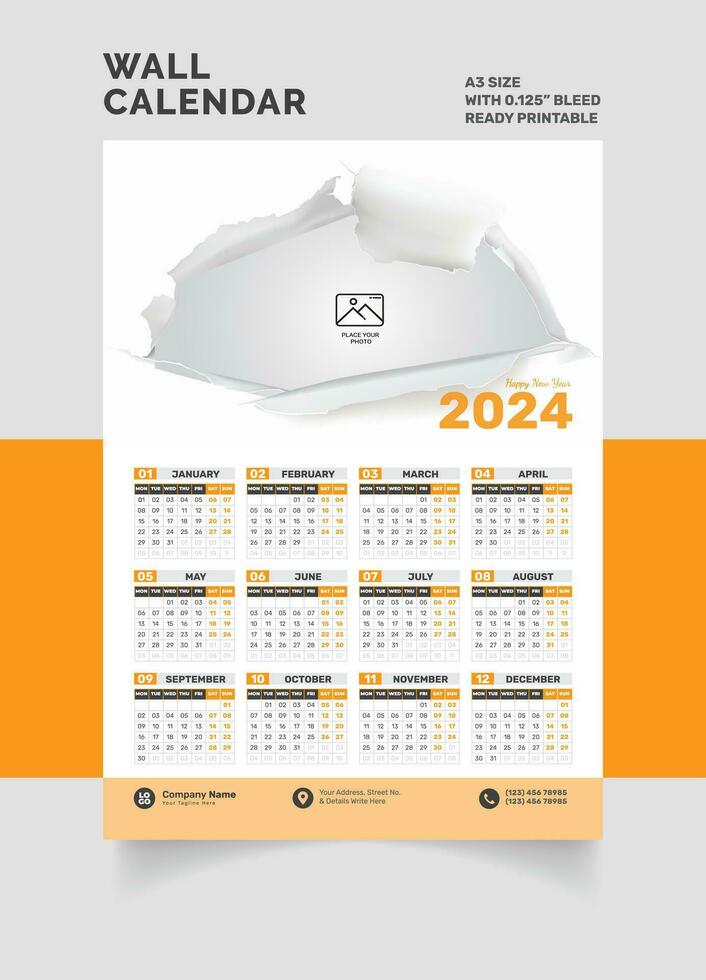 2024 mur calendrier Célibataire page calendrier un page calendrier vecteur