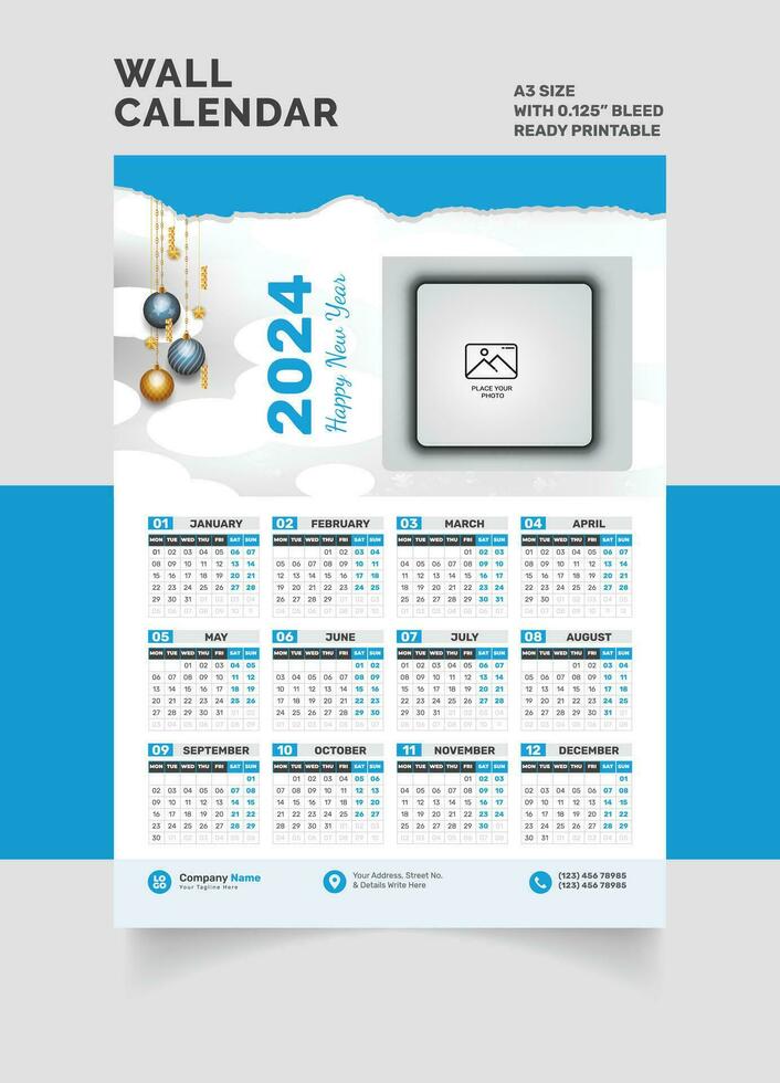 2024 mur calendrier Célibataire page calendrier un page calendrier vecteur