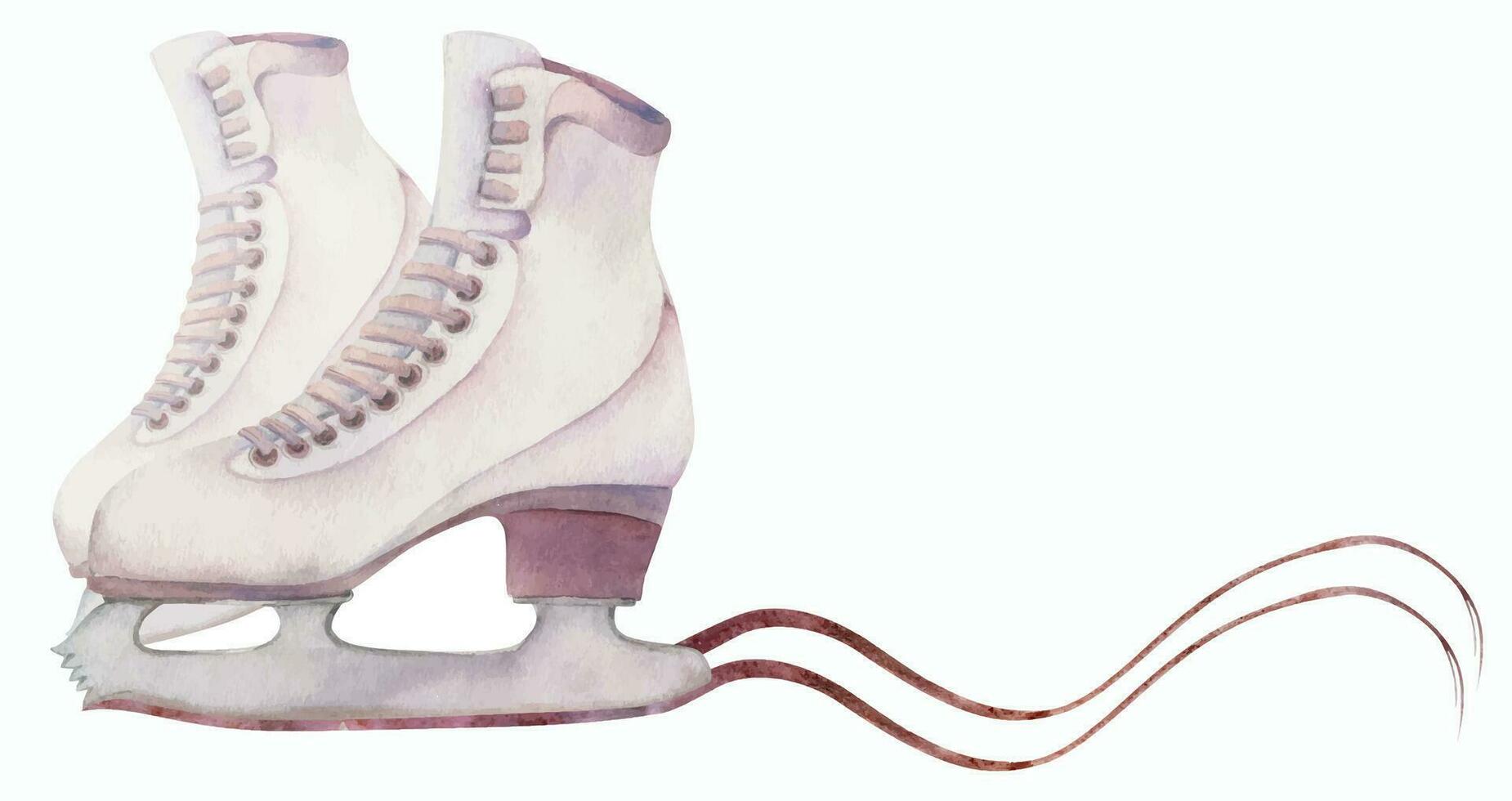 main tiré aquarelle coin, paire de figure patinage bottes, la glace Piste tourbillon, hiver sport. illustration isolé Cadre composition, blanc Contexte. conception affiche, imprimer, site Internet, carte, invitation vecteur