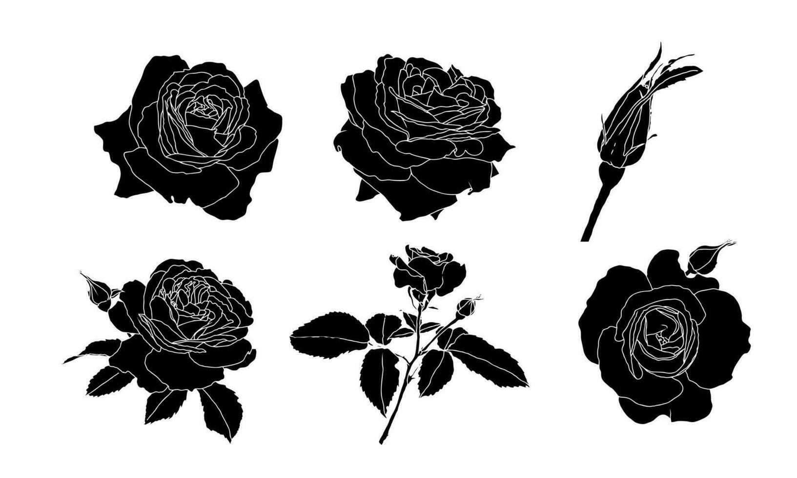 ensemble de silhouettes de Rose fleurs et feuilles sur une blanc Contexte. main tiré esquisser, vecteur illustration. décoratif éléments pour cartes, faire-part, bannières, affiches, impression conception.