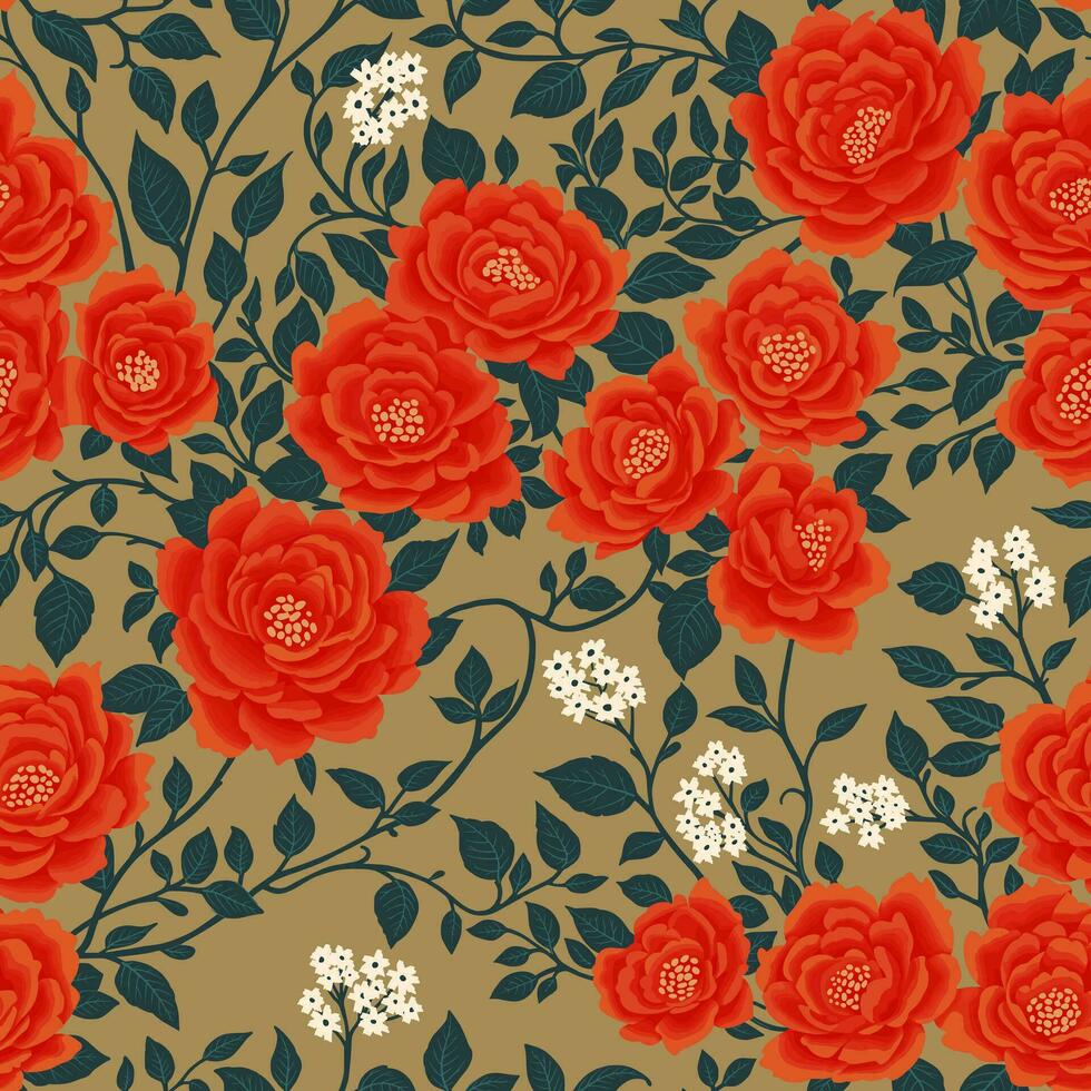 floral sans couture modèle de rouge fleurs et foncé vert feuilles sur de lin toile de fond dans chinoiserie style. main tiré art, fond d'écran conception pour textile, papier, imprimer, mode arrière-plans, beauté des produits vecteur