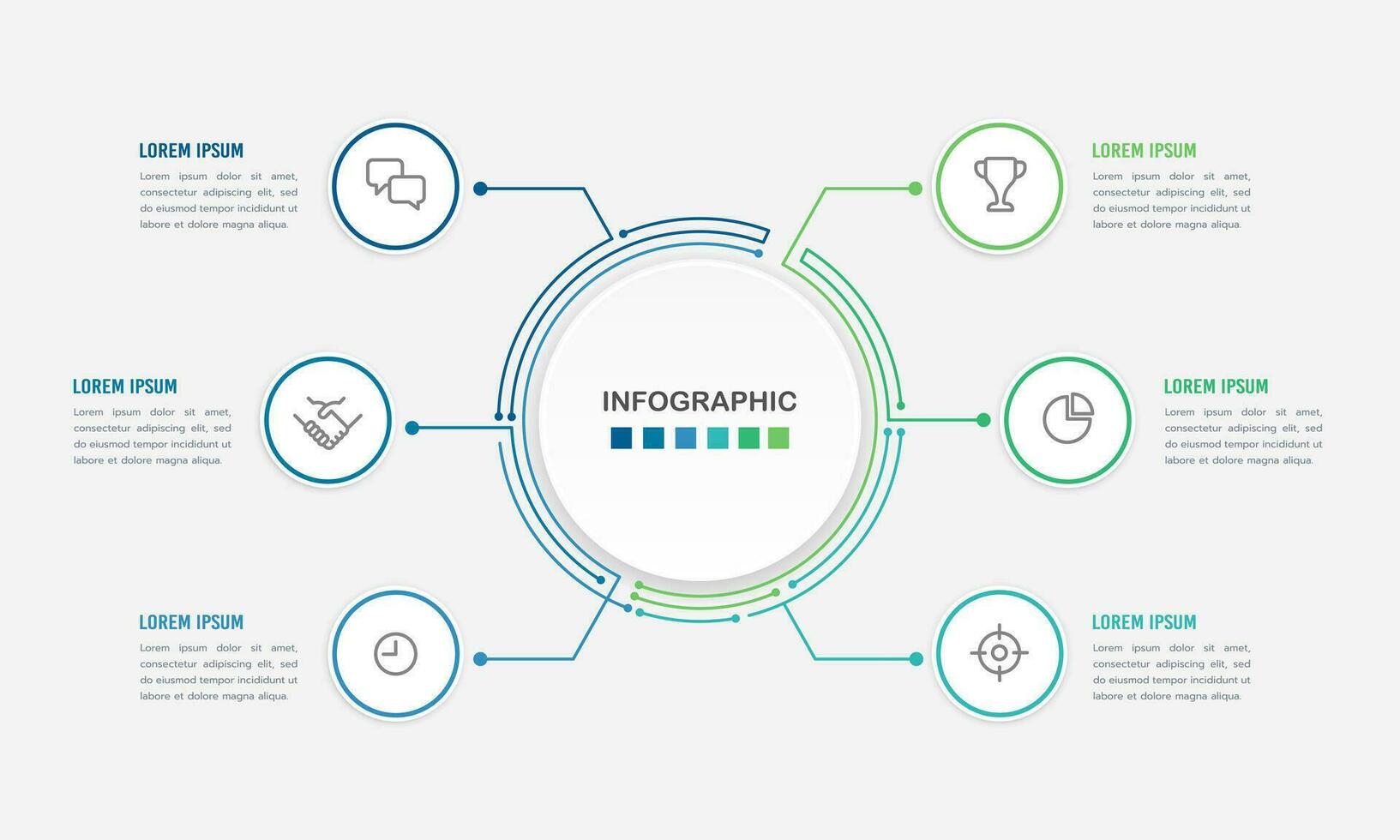 6 processus infographie circuit ligne conception modèle. diagramme, rapport, affaires présentation, et organisation. vecteur illustration.