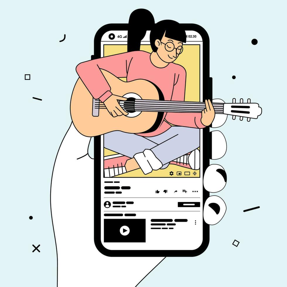 main en portant téléphone cette spectacles vidéo de Jeune femmes en jouant guitare tandis que en chantant sur vidéo partage applications vecteur