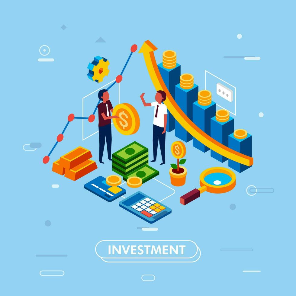 isométrique illustration de intelligent investissement, la finance et bancaire avec infographie, diagramme et gens personnage vecteur