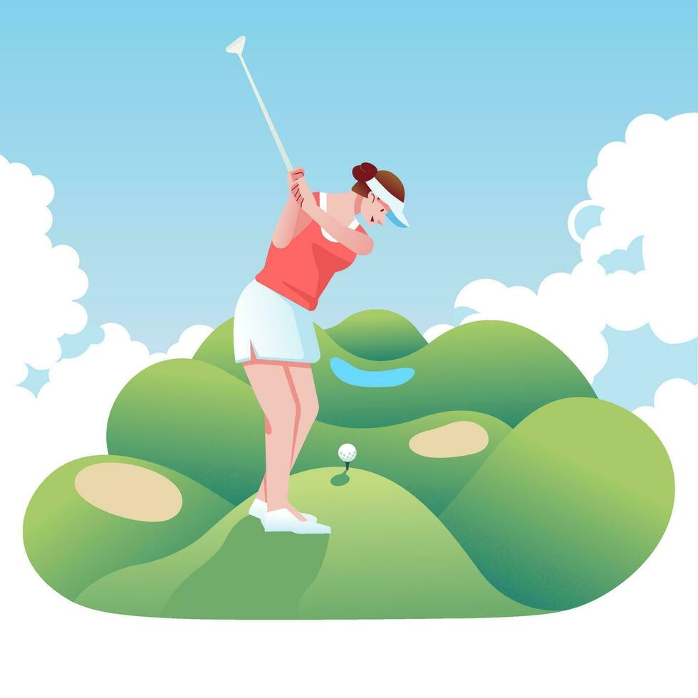 femme en jouant le golf dans le champ avec nuageux Contexte comme le champ en volant dans le ciel vecteur