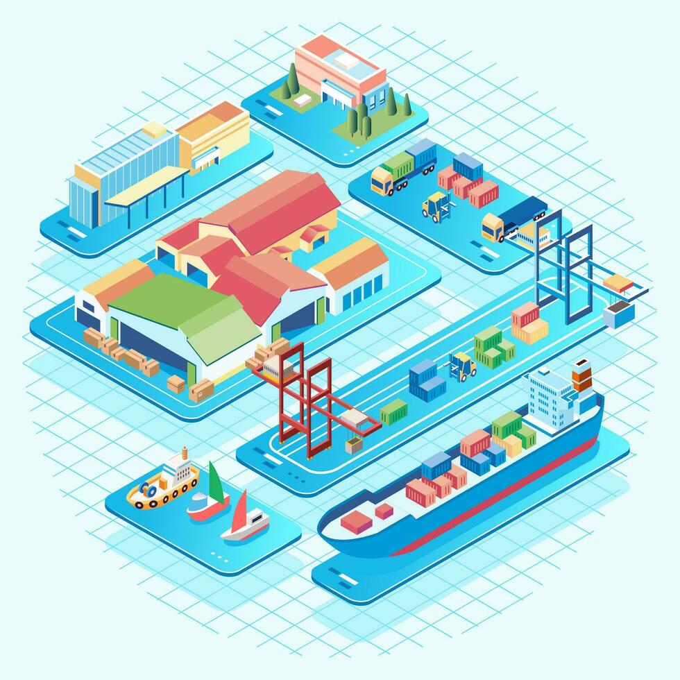 isométrique illustration de occupé circulation dans le Port où des biens aller dans et dehors, récipient transporteur navires et récipient piles sont à le Port vecteur