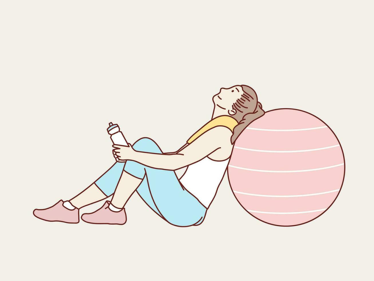 femme fatigué repos asseoir après formation faire des exercices maigre sur caoutchouc Balle serviette dans sa cou Facile coréen style illustration vecteur