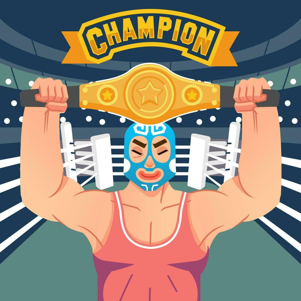 le lutteur soulève le ceinture de la victoire dans le bague avec champion lettre au dessus vecteur illustration