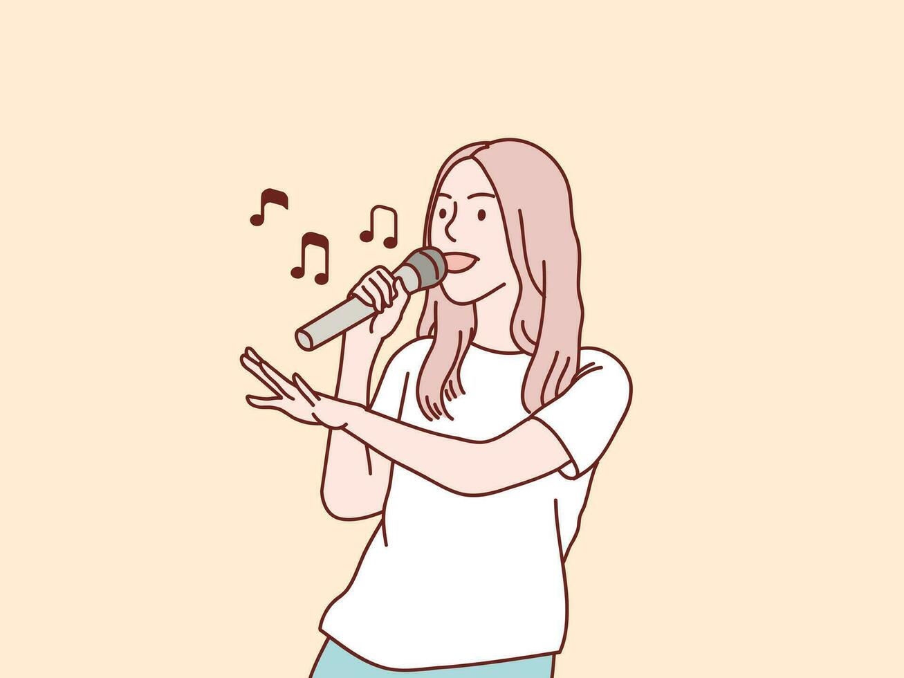 content sorti élégant fille ayant amusement chanter une chanson à microphone Facile coréen style illustration vecteur