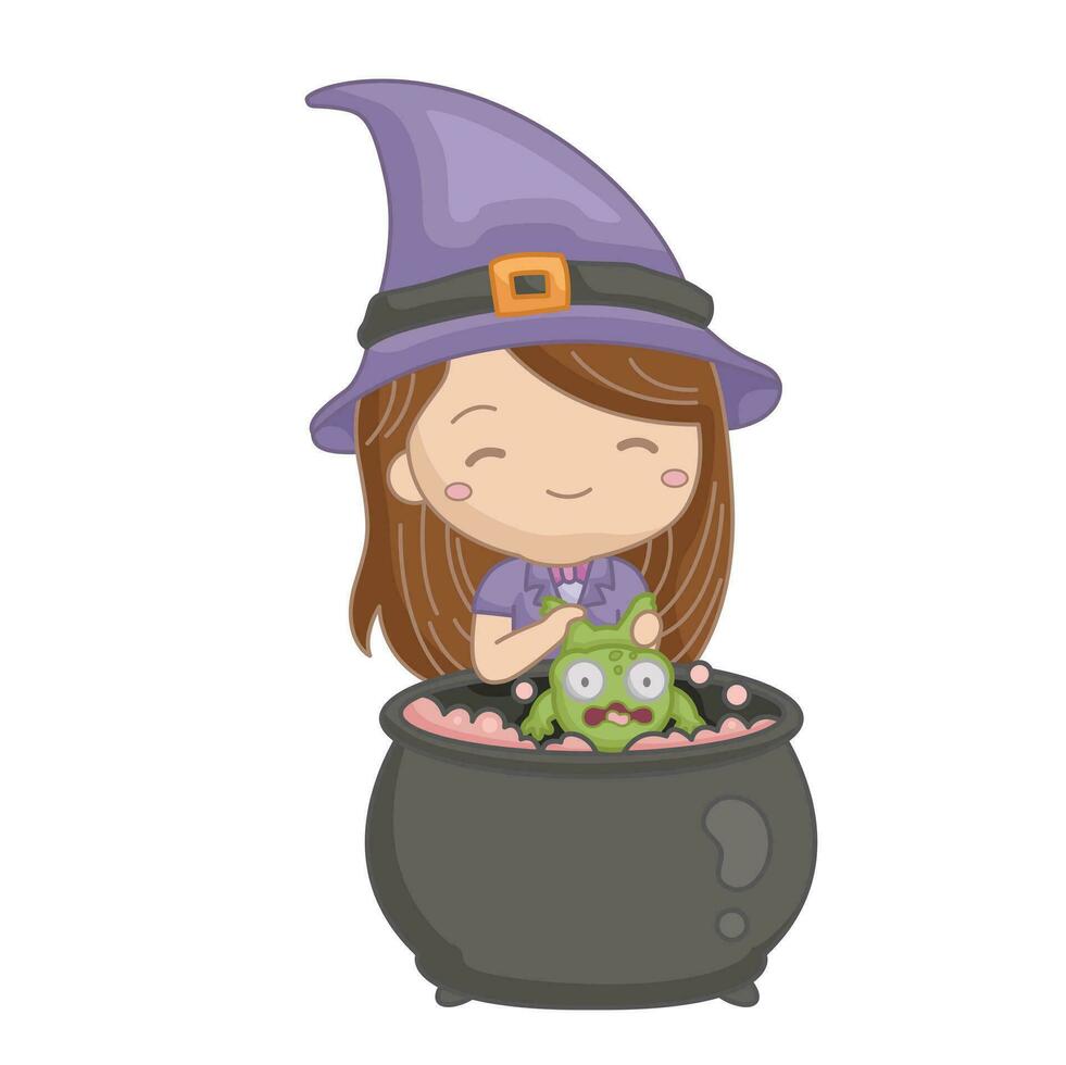 mignonne sorcière Halloween des gamins et grenouille dessin animé illustration vecteur clipart autocollant