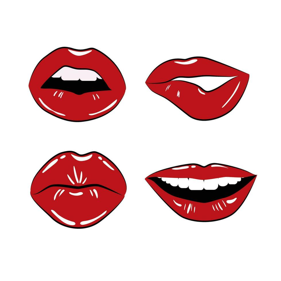 rouge lèvres autocollant correctif. expression maquillage avec sexy baisers et sourire pour coloré pop conception et ouvert vecteur beauté collection