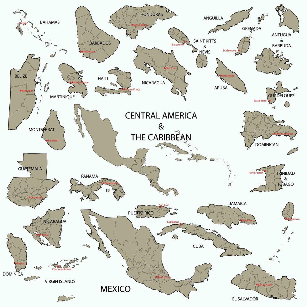 griffonnage à main levée dessin de central Amérique et le Caraïbes des pays carte. vecteur