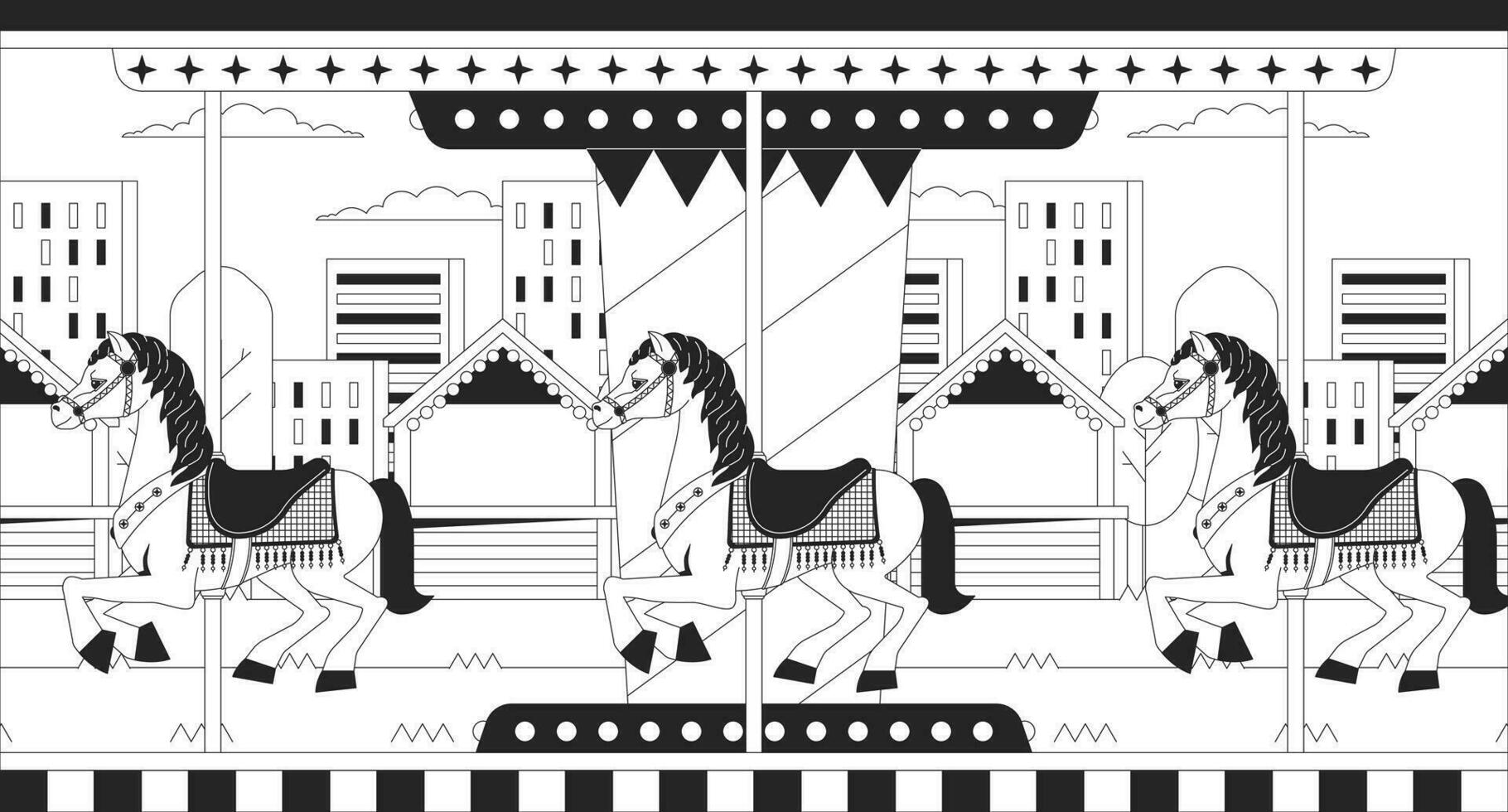 le coucher du soleil ville carrousel les chevaux noir et blanc lofi fond d'écran. champ de foire manège Urbain 2d contour scène dessin animé plat illustration. rétro amusement parc vecteur ligne lo Fi esthétique Contexte