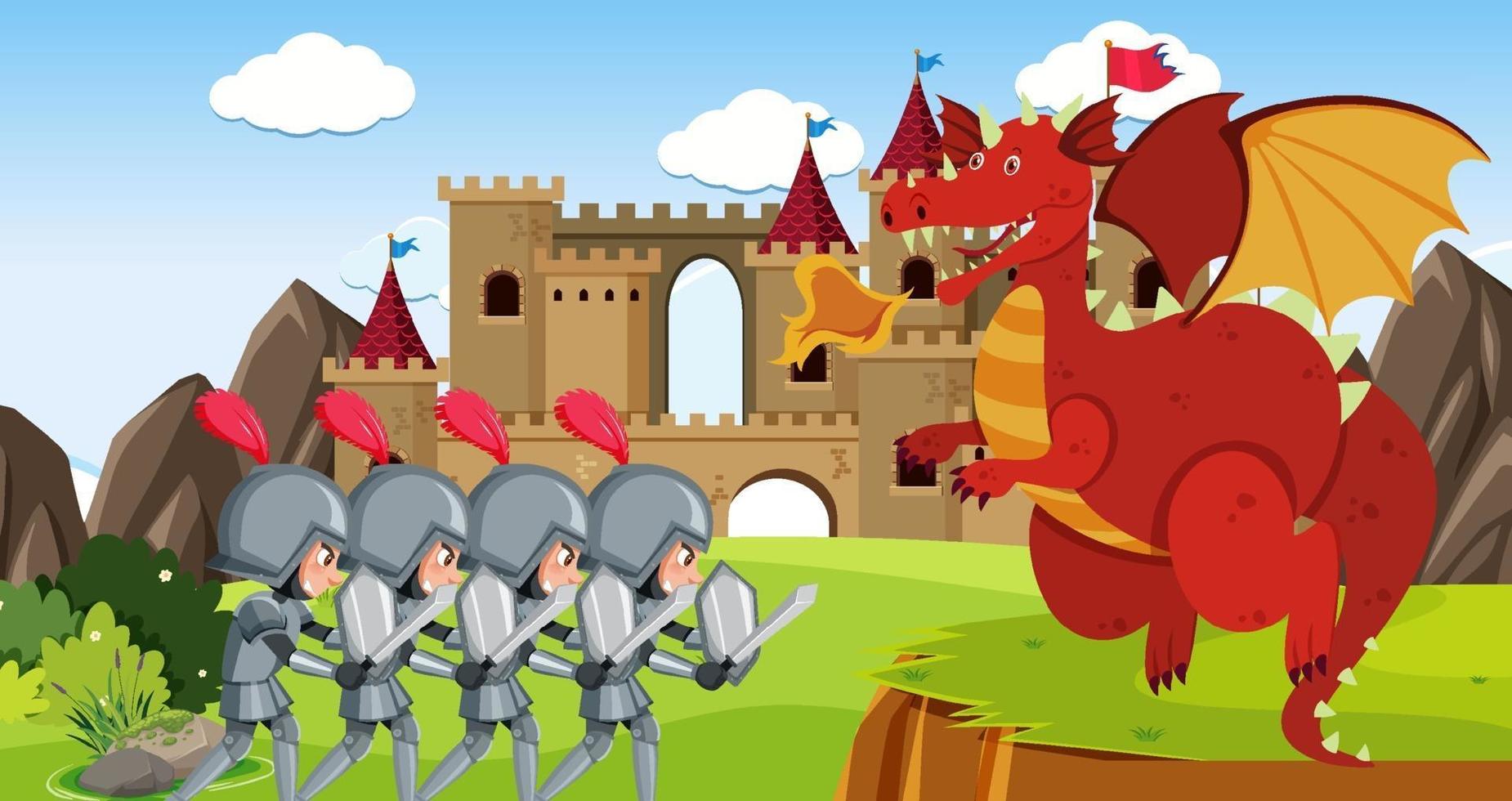 les chevaliers se battent avec le dragon au château vecteur