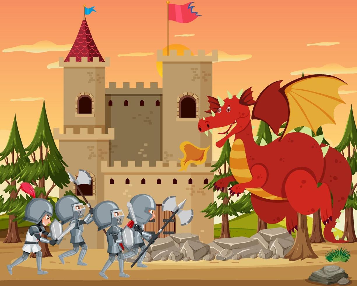 les chevaliers se battent avec le dragon au château vecteur